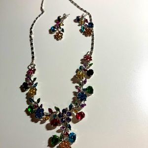 Silver and blue floral statement jewelry, necklace and earrings set, maximalist